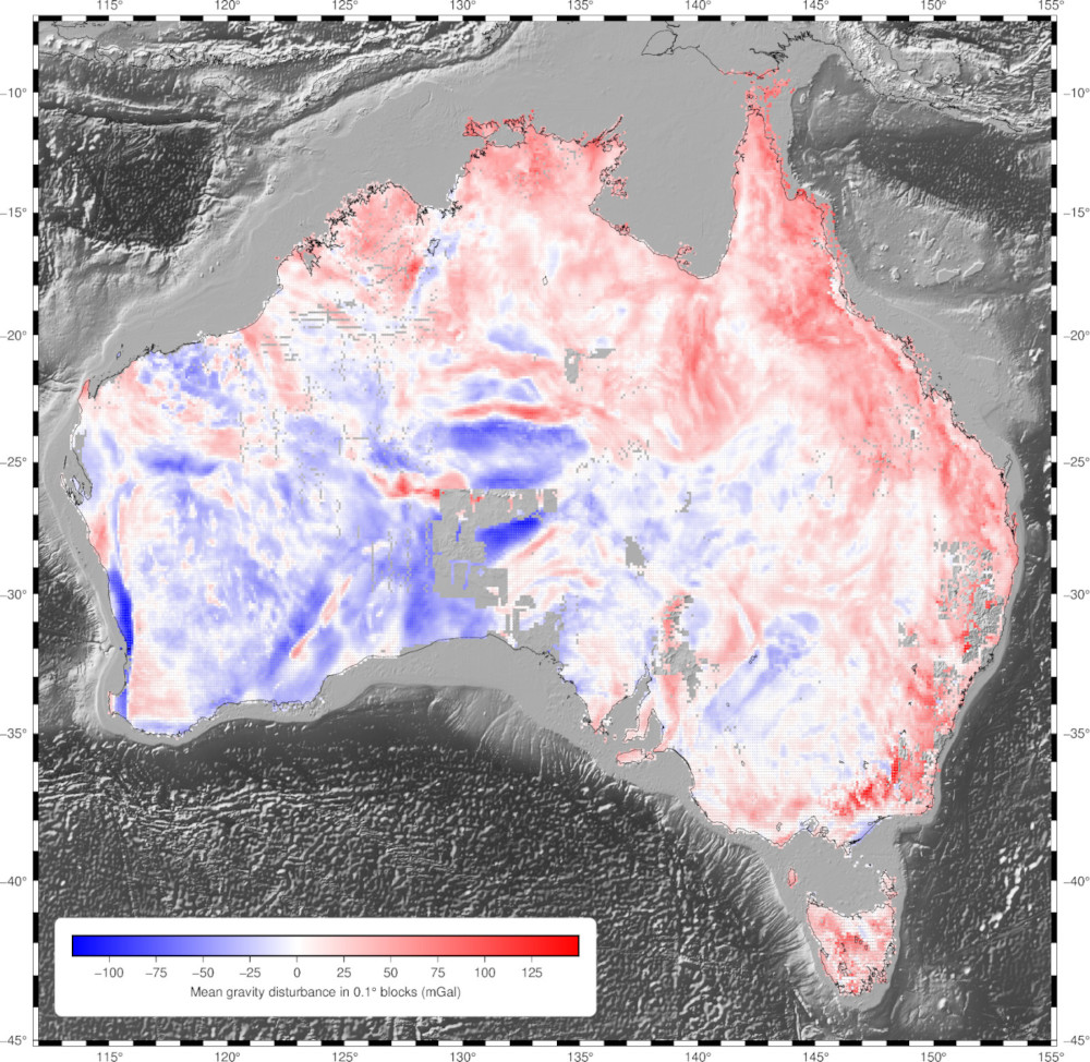 Map of the mean gravity disturbance data in 0.1° blocks for Australia.