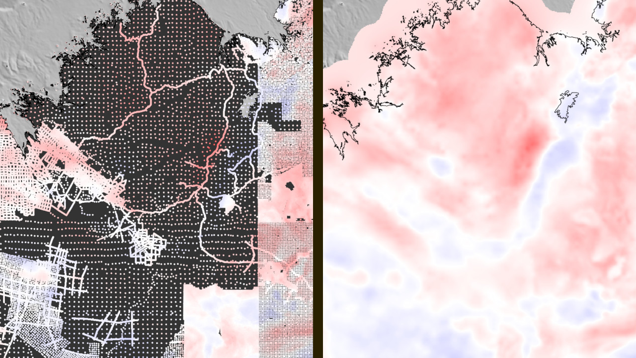 Two maps side by side of the area, with coastlines visible on the upper part, the left map showing red-white-blue dots scattered throughout the continental part, the right map showing a continuous red-white-blue distribution of colors.