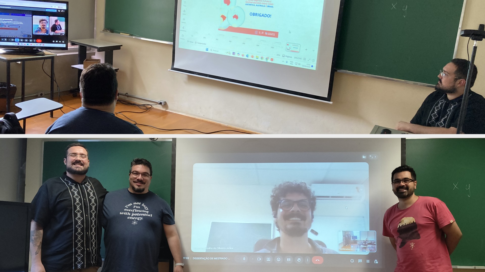 Top: Bearded
man in glasses sitting in the corner next to a projetion with slides saying 'Obrigado'. In the middle is the back of another man's head and to the left is a TV screen with a video conference window. Bottom: Two men on the left with a projection screen showing another man and a man to the right, all smiling.
