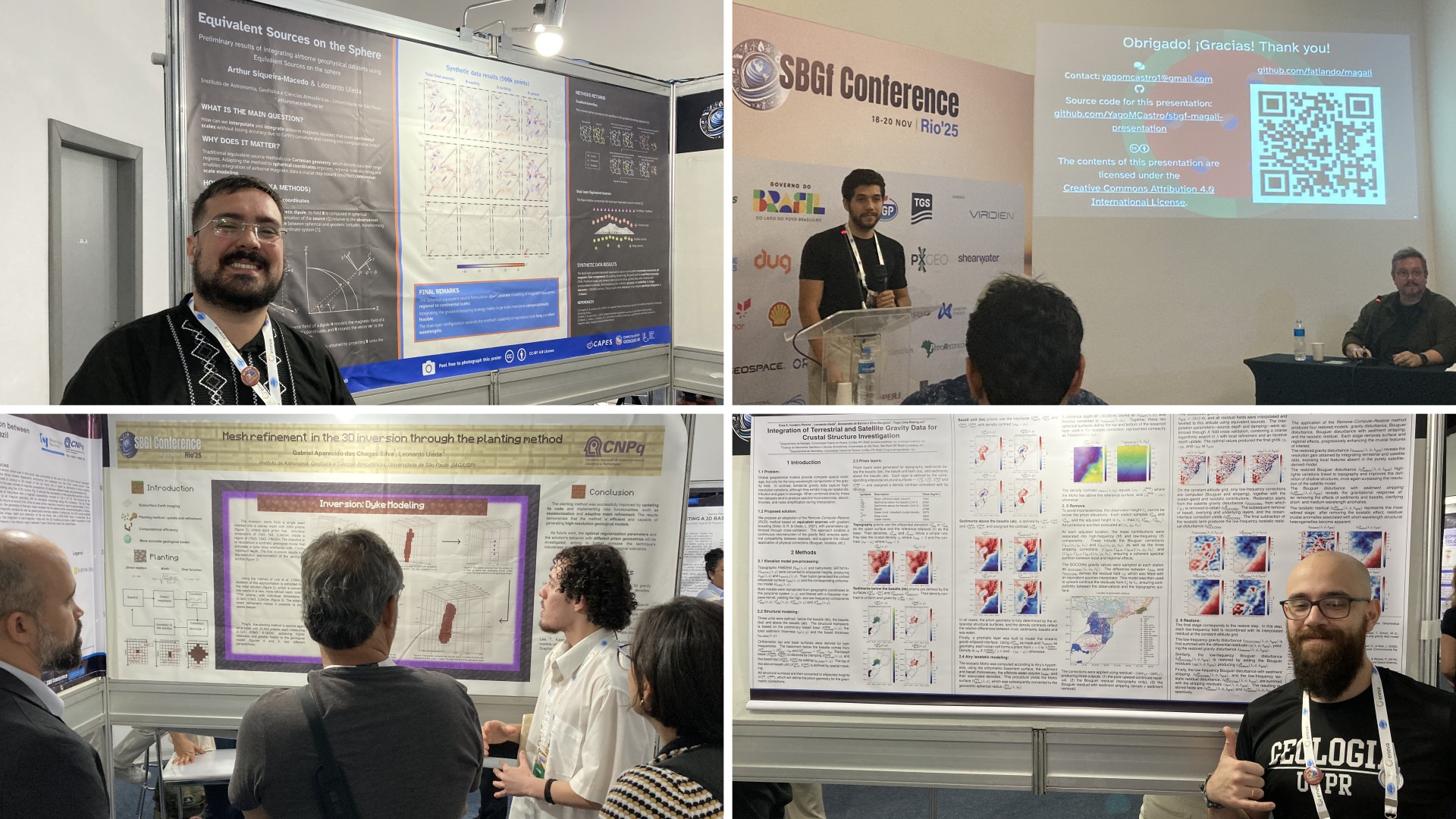 Montage of four
pictures. Top left: white man with dark hair and short beard smiling next to
a poster. Top right: white man with short beard behind a lectern next to
a projection with other people in the audience. Bottom left: four people
standig around a poster looking thoughtful. Bottom right: white bald man with
a long beard smiling and doing the shaka sign next to a poster.