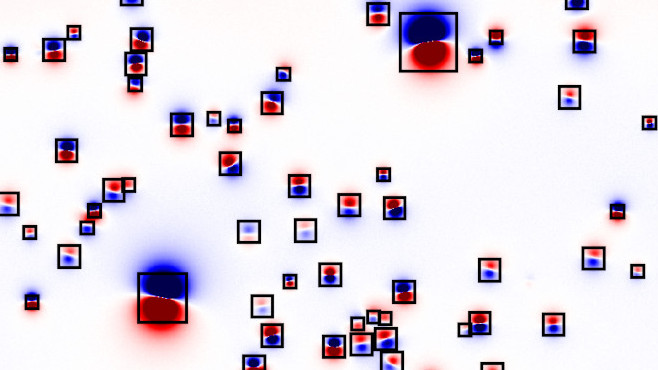 Red, white, and blue map showing several dipolar anomalies of different sizes and black square windows around them.