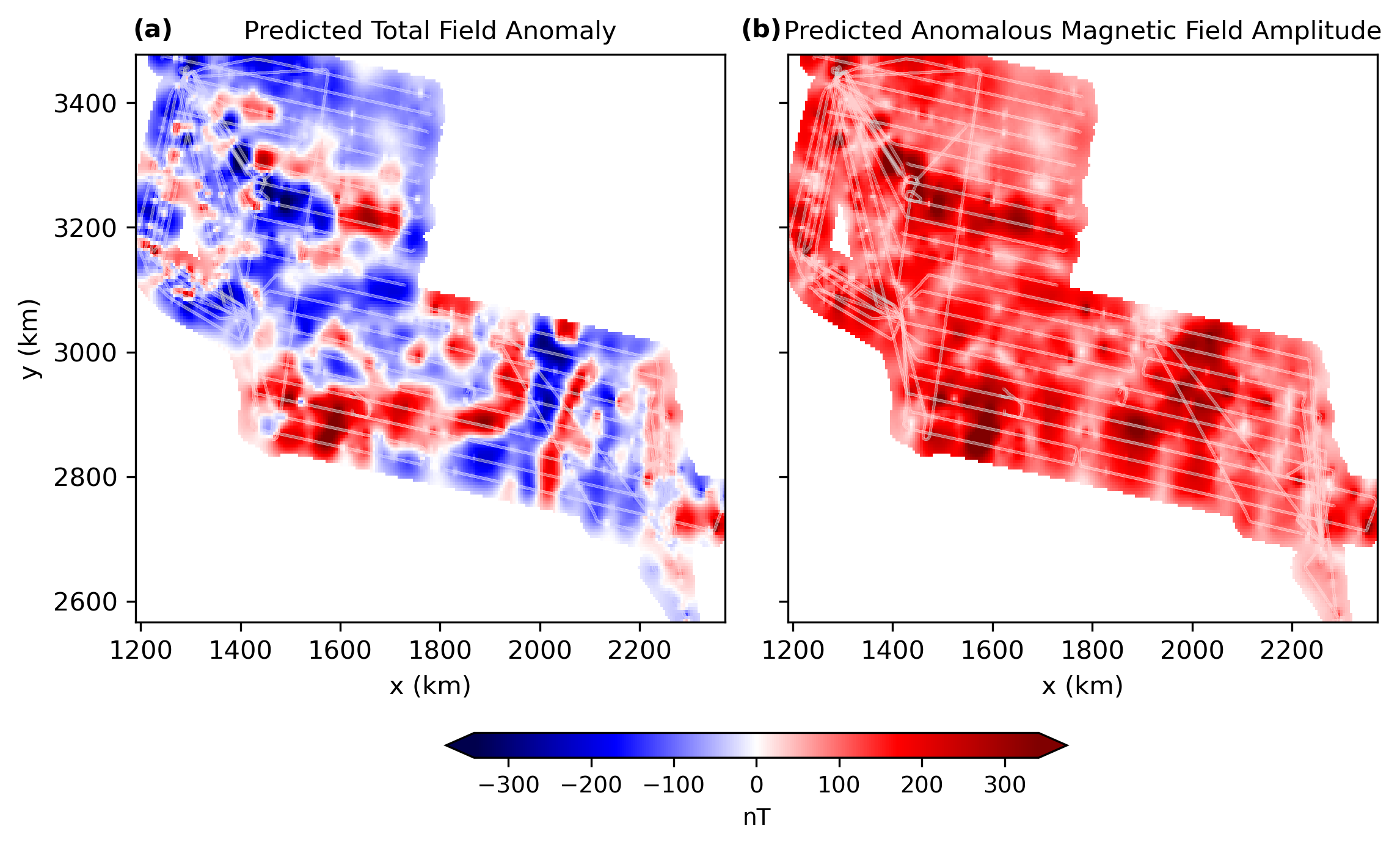A gridded map of the ICEGRAV aeromagnetic dataset with the flight lines overlaid in white.