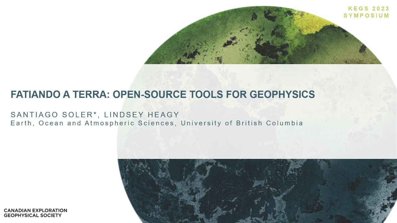 Screenshot of the title slide with the title of the talk 'Fatiando a Terra: Open-source tools for geophysics' and authors Santiado Soler and Lindsey Heagy