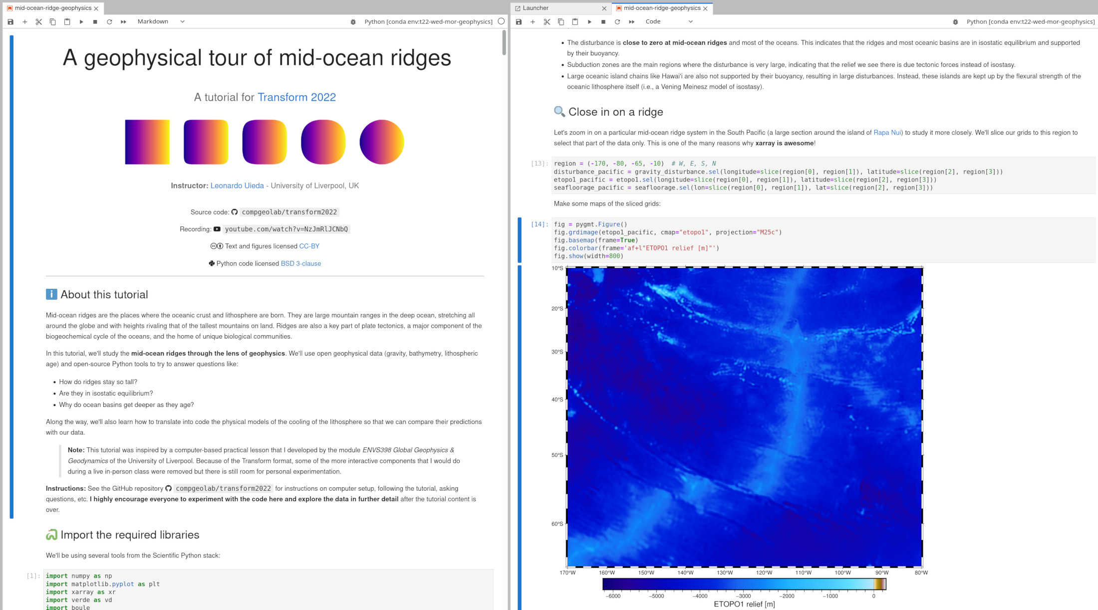 Screenshot of two Jupyter notebooks side by side showing the name of the workshop on the left (title of this post) and some code plotting a map of a mid-ocean ridge on the right.