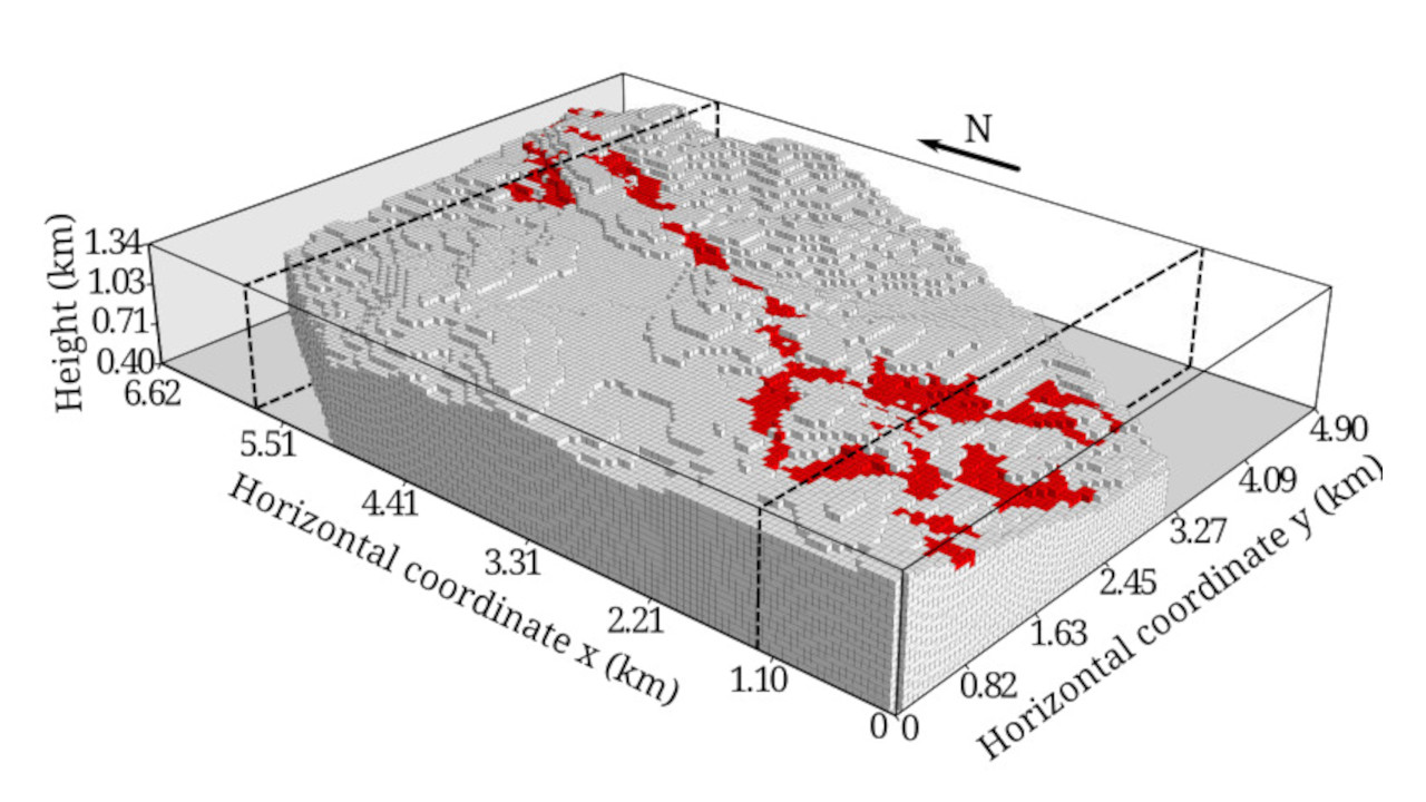 3D rendering of white blocks with topography and some red blocks spread in a thin vain representing the estimated iron ore body.