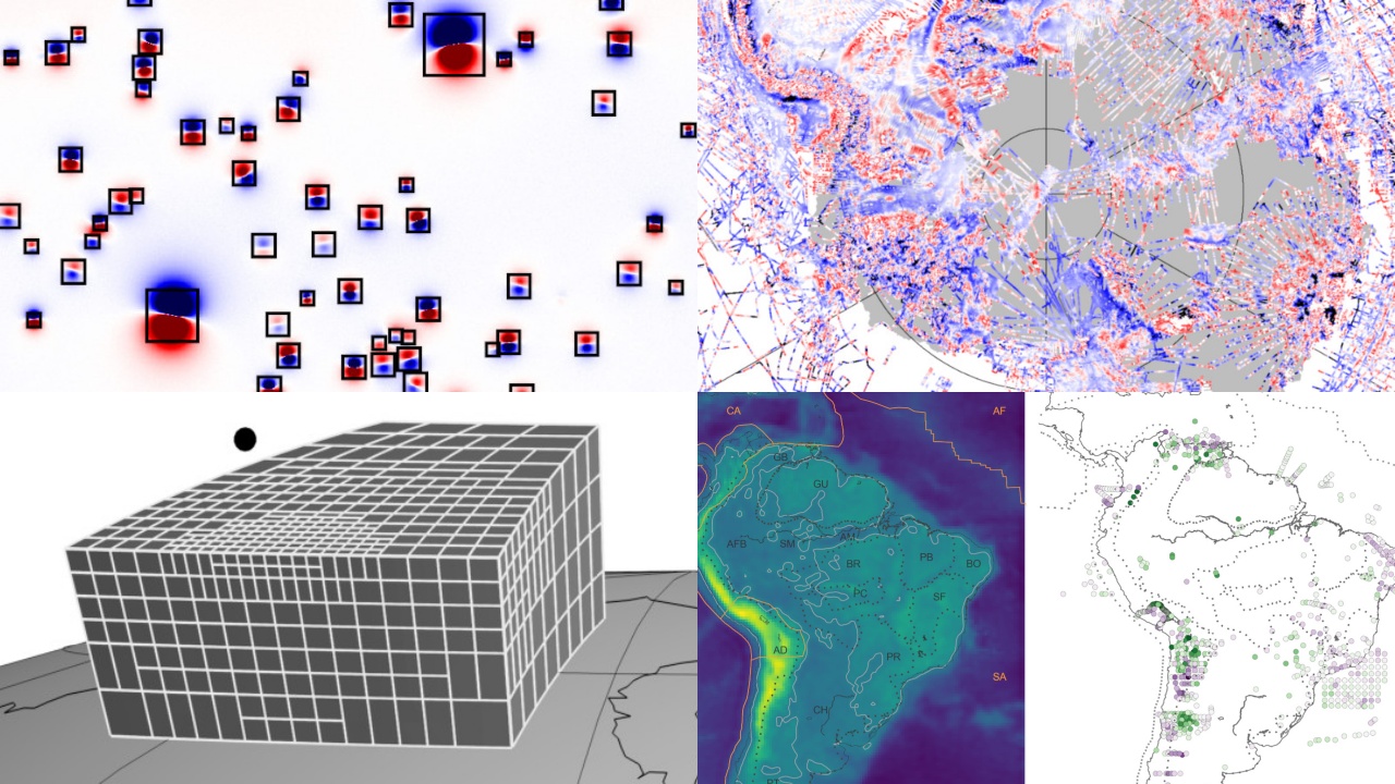 Figure with four panels. Top left is a map showing red and blue blobs and black squares surrounding each one. Top right is a map of Antarctica with red and blue points overlaid covering a large portion of the continent. Bottom left is a spherical 8-sided prism on top of the globe with white lines showing how it's broken up irregularly. Bottom right are two maps of South America, one colored green to yellow representing the Moho depth, larger around the Andes and smaller in towards the Atlantic coast, the other has scattered colored dots showing larger differences in the Andes and smaller elsewhere.