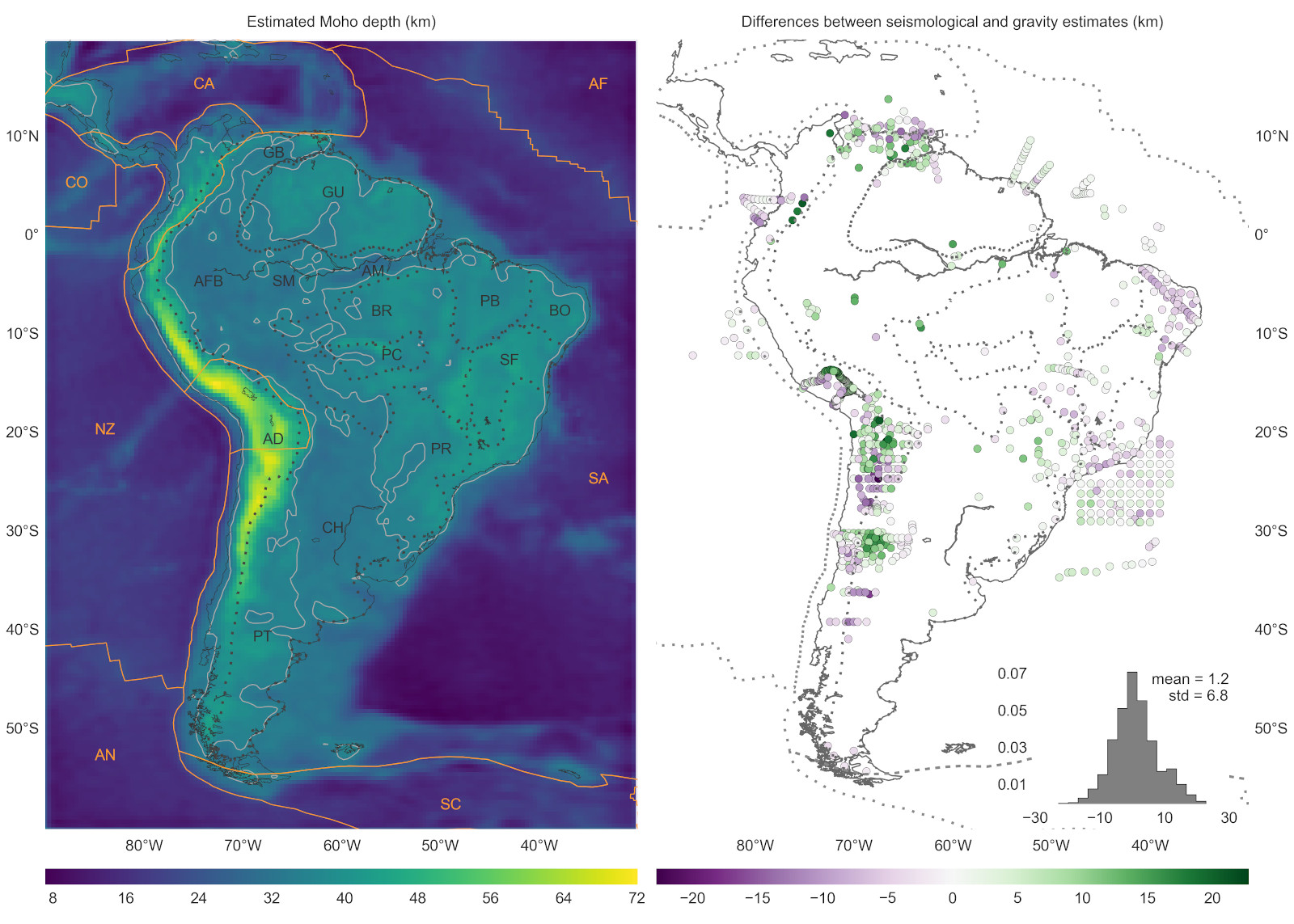 Maps of the depth to the crust-mantle boundary under South America (left) and differences between gravity- and seismologically-derived depths (right).