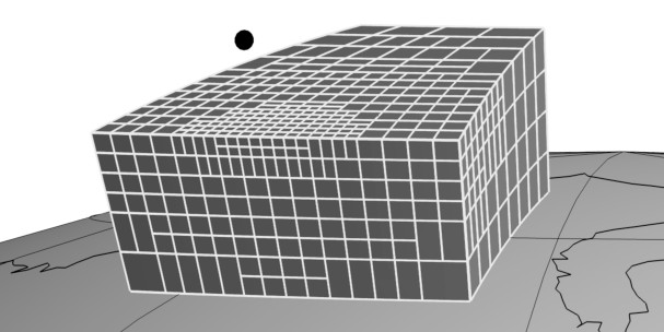 Drawing of a curved prism sitting on top of a curved Earth. The prism is cut by white lines that represent the discretization.